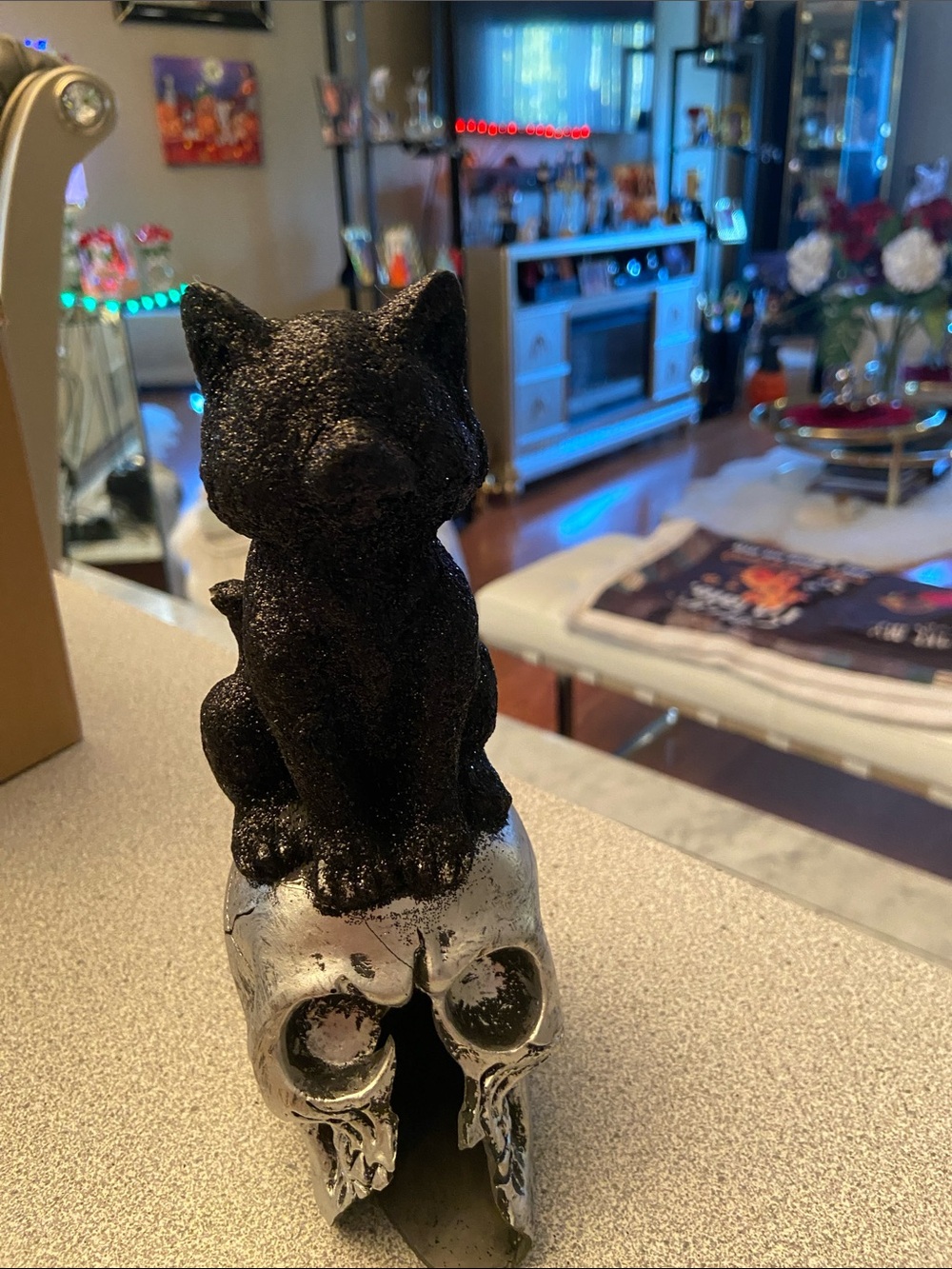 Black Cat Sculpture on Silver Skull - Decorative Pet-Themed Accent